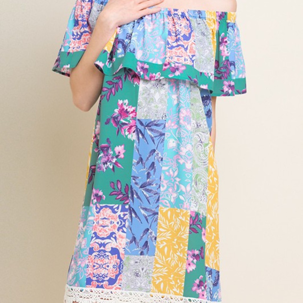 Mixed Floral Print Ruffled Off Shoulder Dress